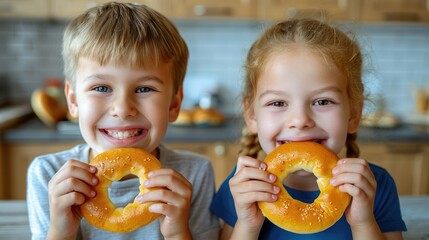 A boy and a girl are eating bagels.