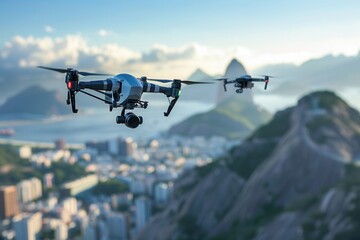 Wall Mural - Two drones capture stunning aerial views of a cityscape and mountain range, showcasing the capabilities of modern drone technology. Generative AI