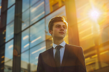 A young man dressed in a sharp suit stands confidently before a sleek, glass-walled office building. The sun shines brightly, casting a golden glow that highlights his optimistic e