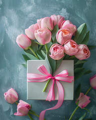 Beautiful bouquet of pink flowers gift box on the table