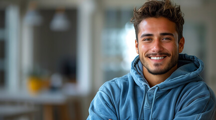 A young Latino university student smiling with his arms crossed, inside a modern building.