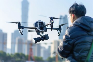 A drone with a camera flies over an urban city in the daytime. Generative AI