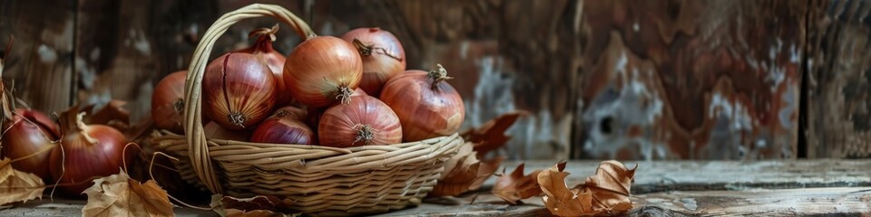 onions in a wicker basket. Selective focus
