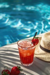 Wall Mural - cocktail with strawberries on the background of the pool. Selective focus