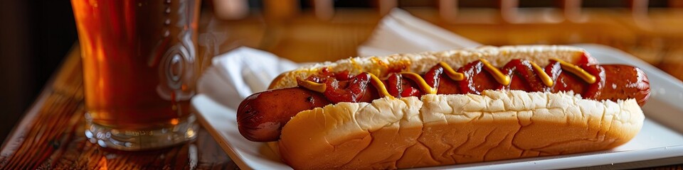 Wall Mural - hot dog and beer on the table. Selective focus