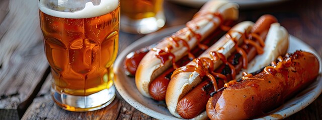 Wall Mural - hot dog with beer on the table. Selective focus