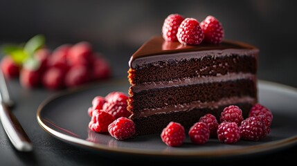 Wall Mural -  A plate holds a slice of chocolate cake topped with raspberries Nearby rests a fork and another plate piled high with fresh raspberries