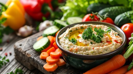 Wall Mural -  A bowl of hummus with carrots, celery sticks, and various vegetables
