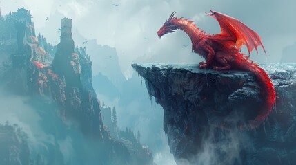 A red dragon sits atop a mist-shrouded cliff amidst the mountains