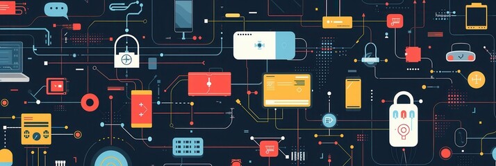 Poster - An abstract illustration depicting various network devices, including routers, modems, and smart home gadgets, connected by lines symbolizing data flow. Generative AI