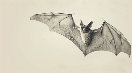 Wall Mural -  A black-and-white image of a bat in flight, wings spread, and eyes gazing