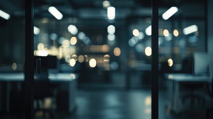 Wall Mural - A blurry, out-of-focus shot of a business room in darkness with two lights visible inside, hinting at what lies beyond it