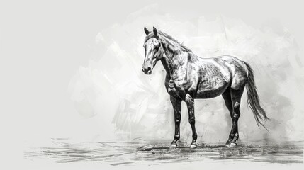 Wall Mural -  A monochrome depiction of a horse atop a rock in water's center, against a white backdrop