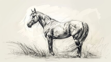 Wall Mural -  A monochrome depiction of a horse at rest in a field The foreground showcases lush grass, while the backdrop is a gray sky