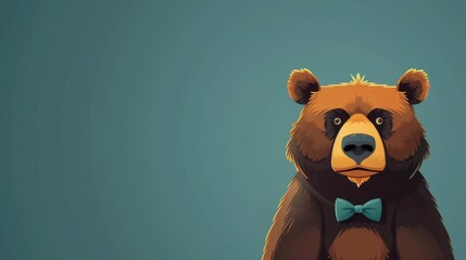  A brown bear wearing a blue bow tie stands before a green backdrop with a blue sky overhead