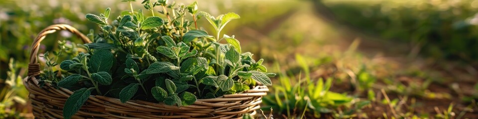 Wall Mural - medicinal herbs in basket field. Selective focus