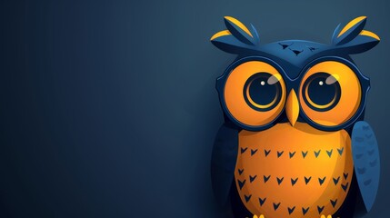 Poster -  A large owl in orange and blue hues sits on a branch against a dark blue wall with a black background