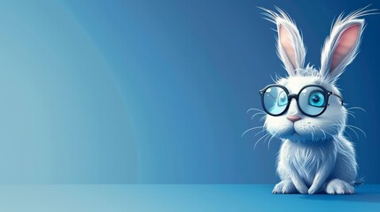 Wall Mural -  A white rabbit, donned with glasses, sits atop a blue floor Behind it lies a blue wallpaper, a backdrop of identical hues