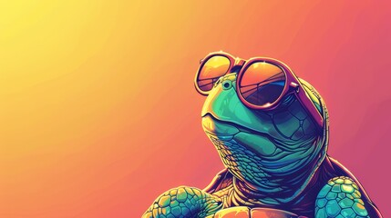 Sticker -  A tight shot of a turtle donning sunglasses atop its head