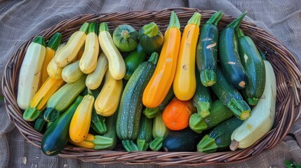 Wall Mural - Variety of zucchinis in basket on burlap and wood showcasing diversity