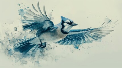 Poster -  A watercolor painting of a blue jay in flight with widely spread, outstretched wings