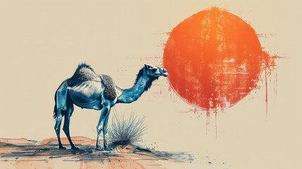 Wall Mural -  A camel painting in the desert with a vibrant orange sun backdrop Foreground features a grungy camel image