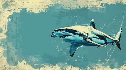 Canvas Print - blue and beige hues for the shark and waters, grungy texture for the background