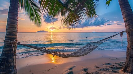 Wall Mural - Hammock tied between two palm trees on a beach created with generative ai