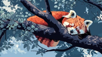  Red panda dozes high in leafy tree, head atop branch
