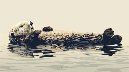 Sticker -  A sea otter floats on its back in a body of water, head above water surface