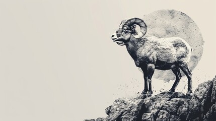 Sticker -  A monochrome image of a ram atop a mountain against a full moon backdrop