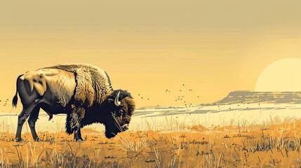 Wall Mural - Bison stands in a field, sun backdrops Birds fly in the sky