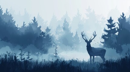 a deer stands amidst tall grass and trees, silhouetted against a foggy sky