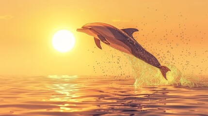 Poster -  A dolphin leaping from the water against a backdrop of a sinking sun, surrounded by water splashes