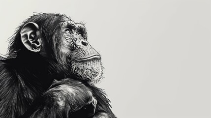 Sticker -  A chimpanzee depicted in black and white against a white backdrop, paired with its monochrome counterpart from a photograph