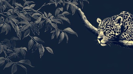 Poster -  A black-and-white image of a leopard reclining on a tree branch, its head supported by another branch