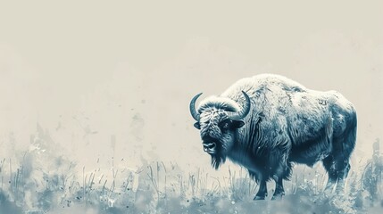 Wall Mural - Bison stands in a lush grass field Background features foggy, sky Foreground showcases dense grass