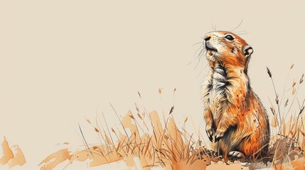 Wall Mural -  A groundhog stands upright on its hind legs in a towering grass field, gazing skyward