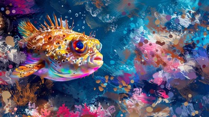 Wall Mural -  A vivid fish against a backdrop of blue and pink, adorned with splatters of paint