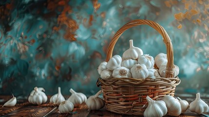 Wall Mural - garlic in a wicker basket. Selective focus