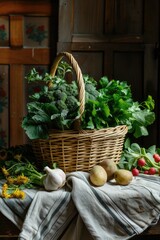 Wall Mural - greens in a wicker basket. Selective focus