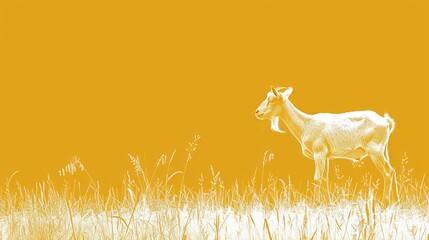 Wall Mural -  A goat stands in a field of tall grass beneath a bright yellow sky