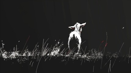  A black-and-white image of a dog standing in a field under the light of its head at night