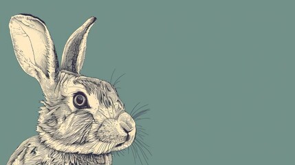 Wall Mural -  A rabbit head drawing in black and white on a green background