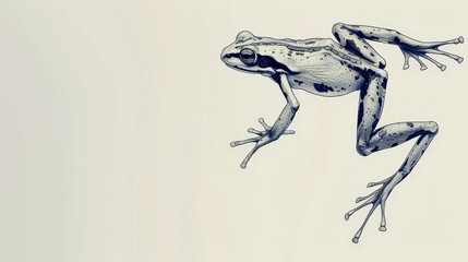  A black-and-white image of a frog mid-jump, front legs extended