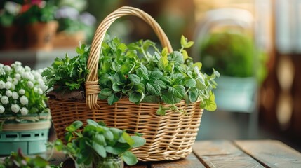Wall Mural - greens in a wicker basket. Selective focus