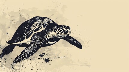 Wall Mural -  A black-and-white sea turtle drawing with colored splashes on its head