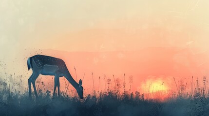 Wall Mural -  A painting of a deer grazing in a field with the sun setting in the background