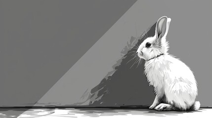 Canvas Print - Rabbit sits before a gray wall Light shines