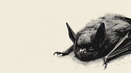 Wall Mural -  A black-and-white image of a bat on the ground, wings spread out, eyes open